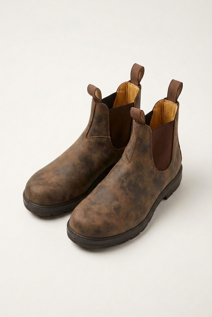 Rowan men's leather-look Chelsea ankle boots in brown, front view