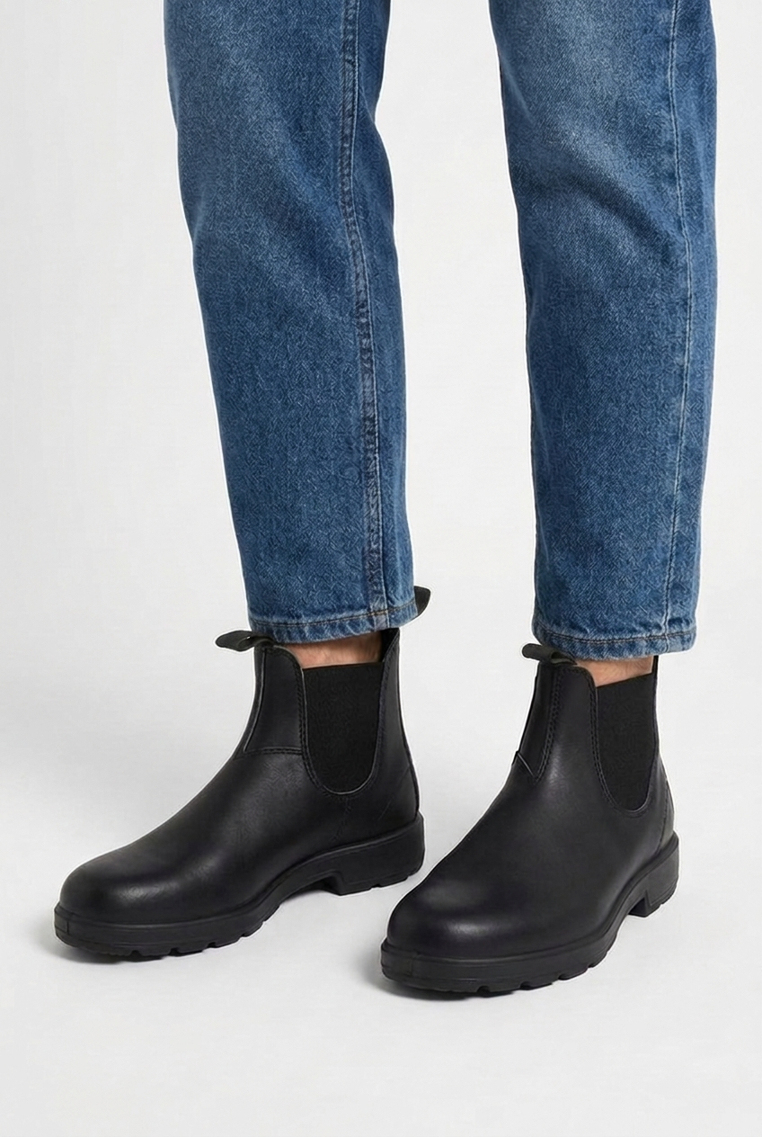Rowan men's leather-look Chelsea ankle boots in black, closeup view