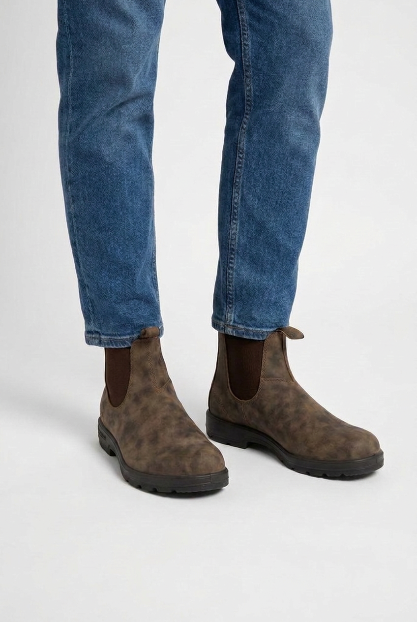 Rowan men's leather-look Chelsea ankle boots in brown, closeup view