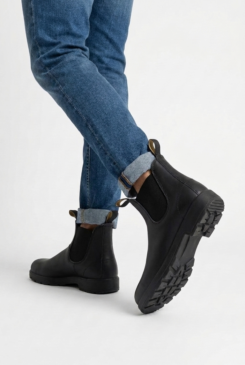 Rowan men's leather-look Chelsea ankle boots in black, back view