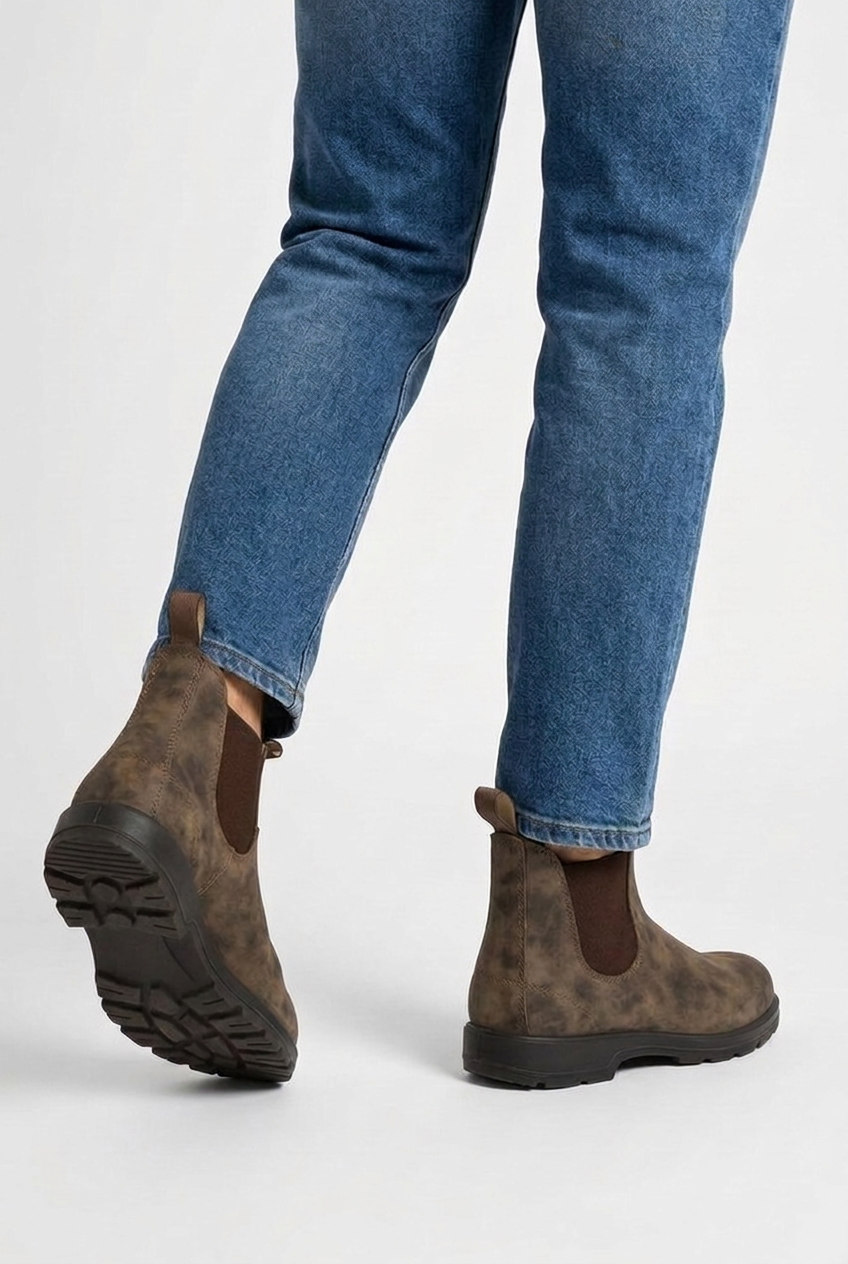 Rowan men's leather-look Chelsea ankle boots in brown, back view