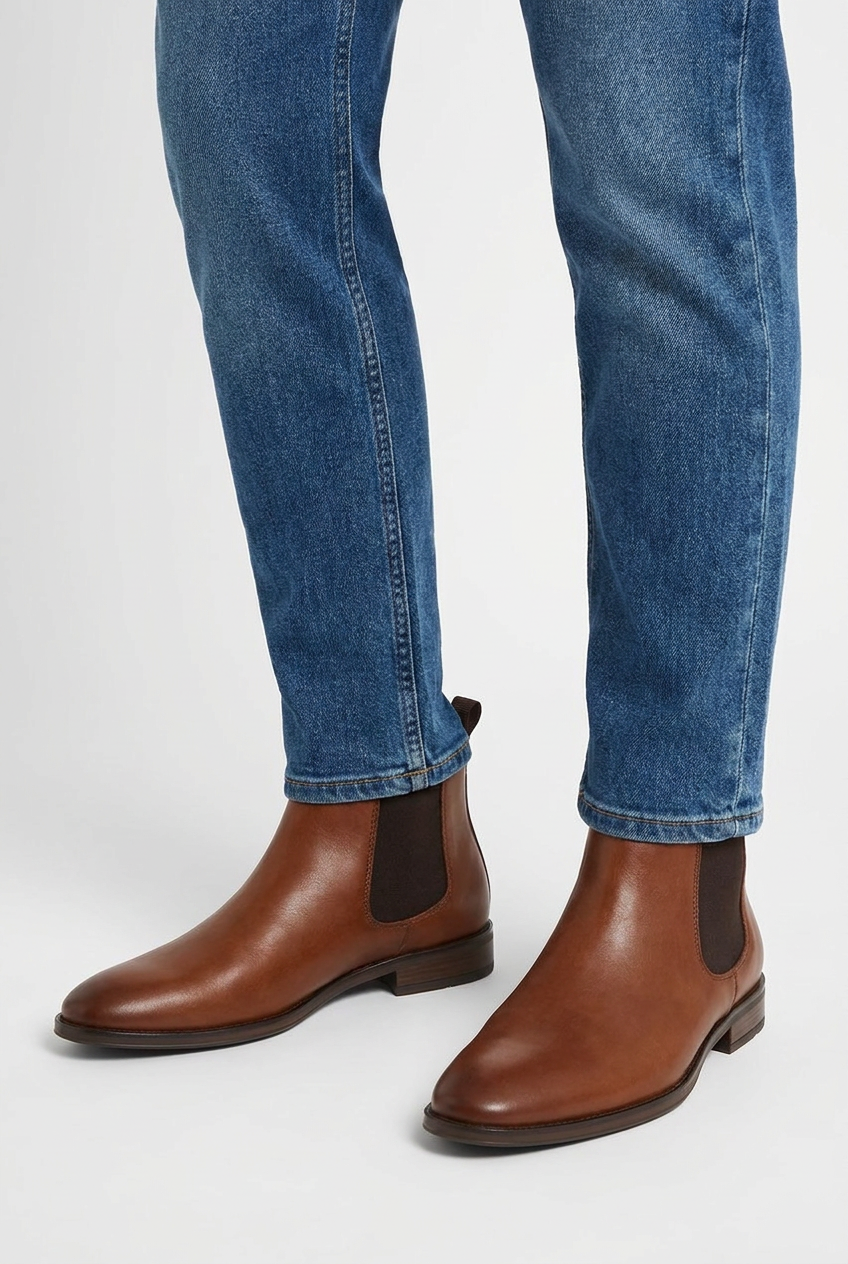 Grayson men's leather-look dress Chelsea boots in brown, closeup view