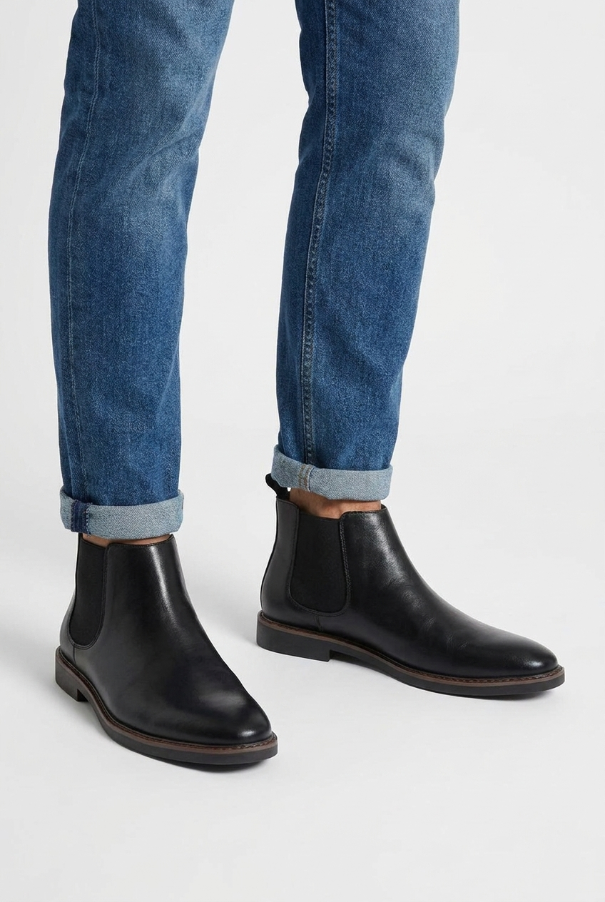 Grayson men's leather-look dress Chelsea boots in black, closeup view
