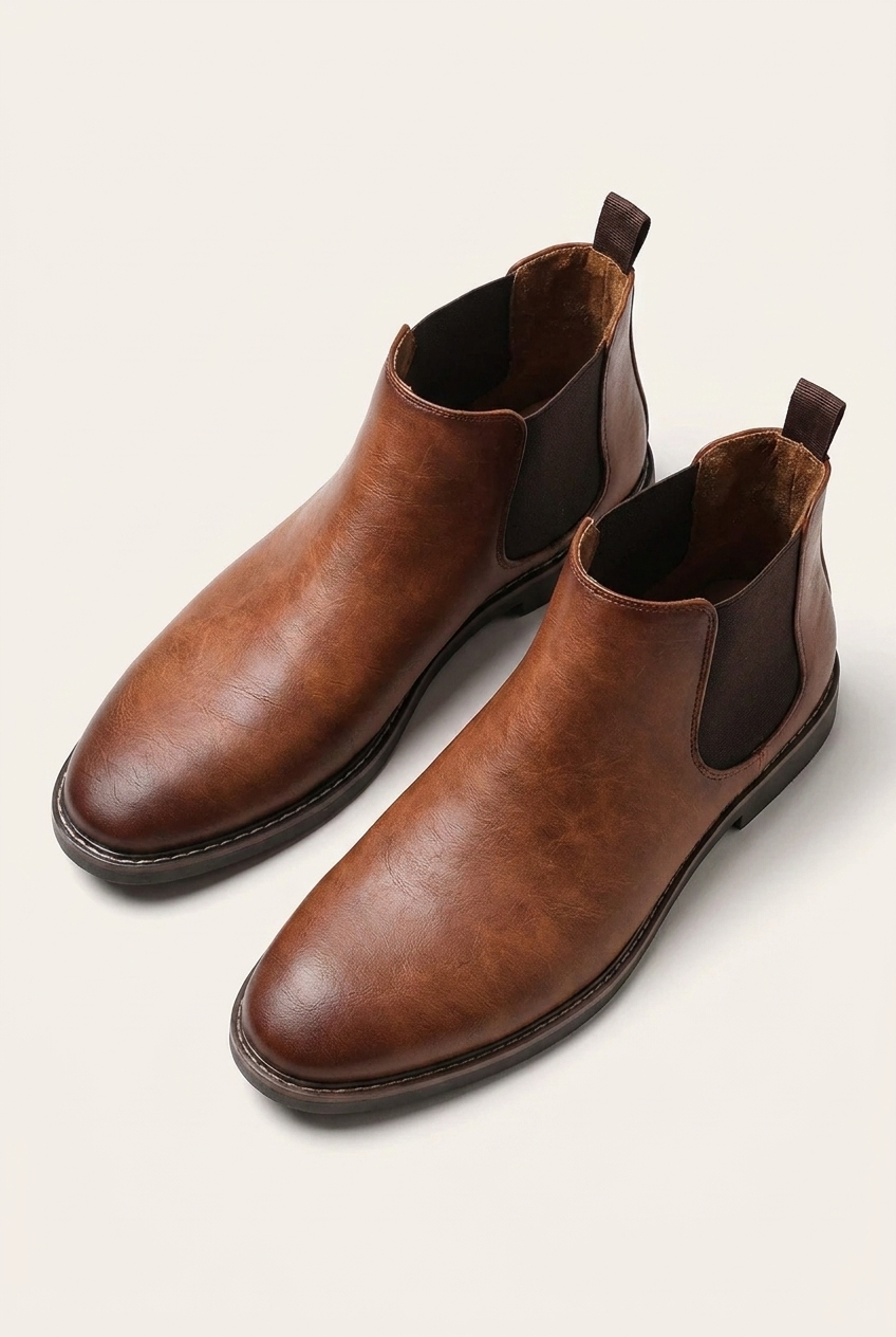 Grayson men's leather-look dress Chelsea boots in brown, front view