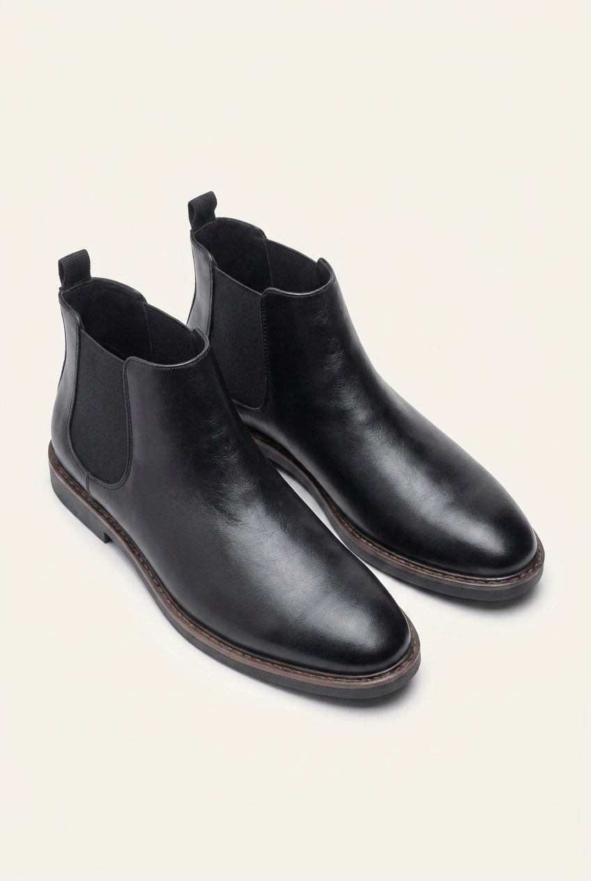 Grayson men's leather-look dress Chelsea boots in black, front view