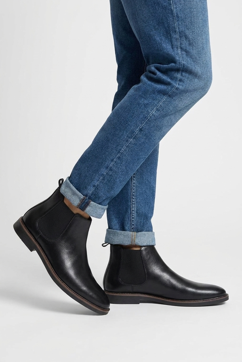Grayson men's leather-look dress Chelsea boots in black, side view