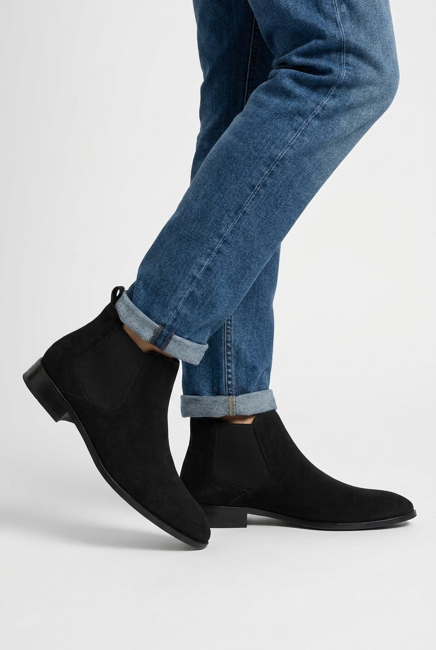 Felix men's suede Chelsea boots in black, side view