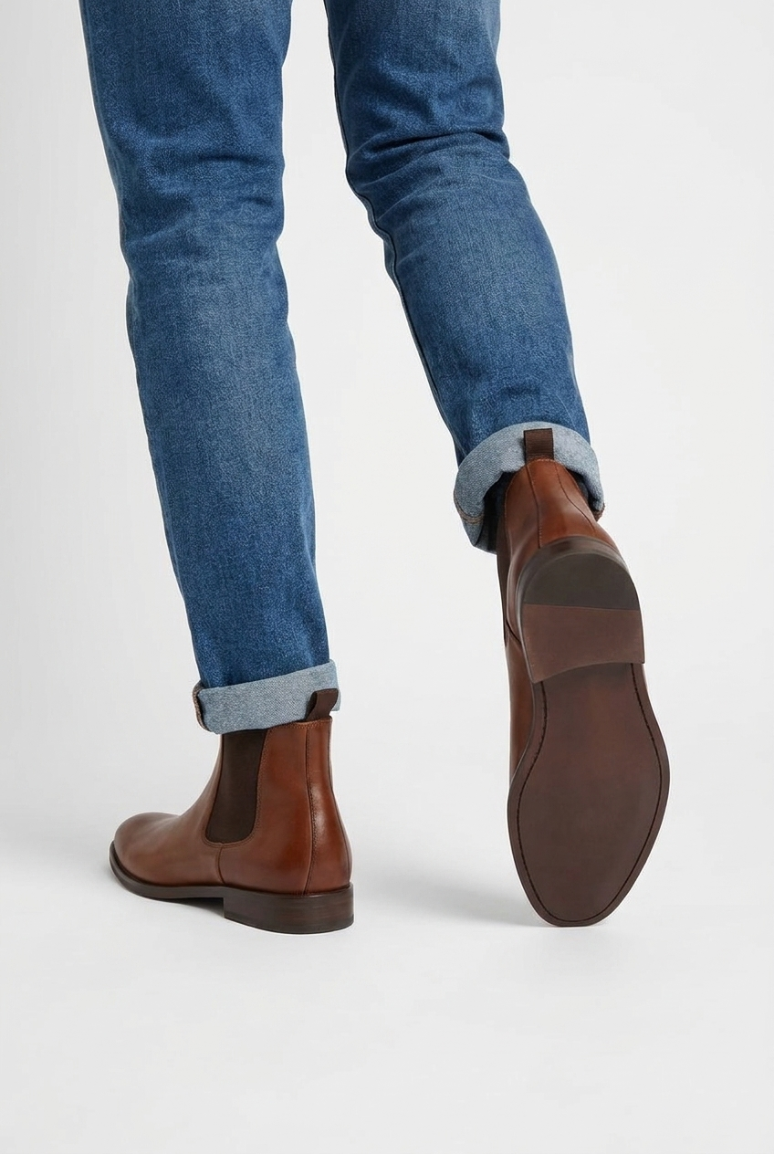 Grayson men's leather-look dress Chelsea boots in brown, back view