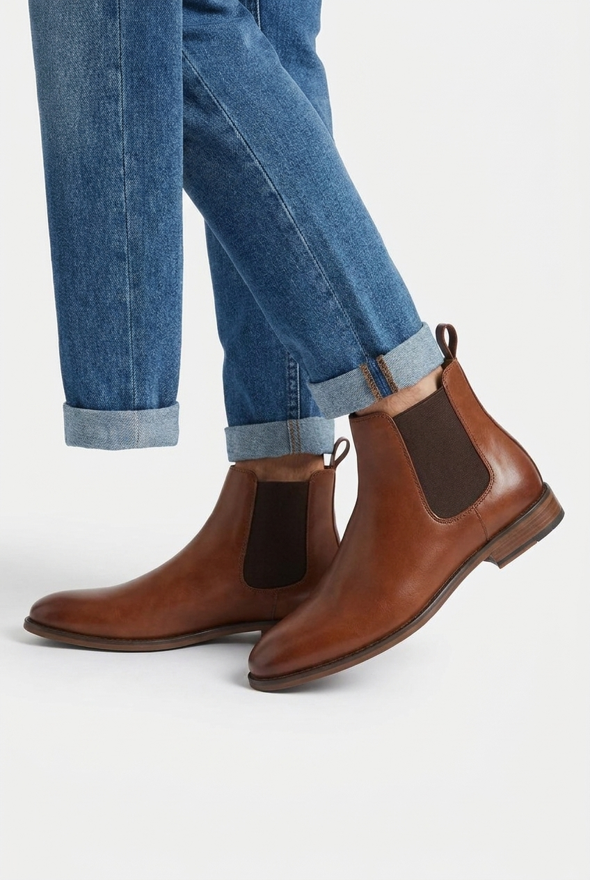 Grayson men's leather-look dress Chelsea boots in brown, side view