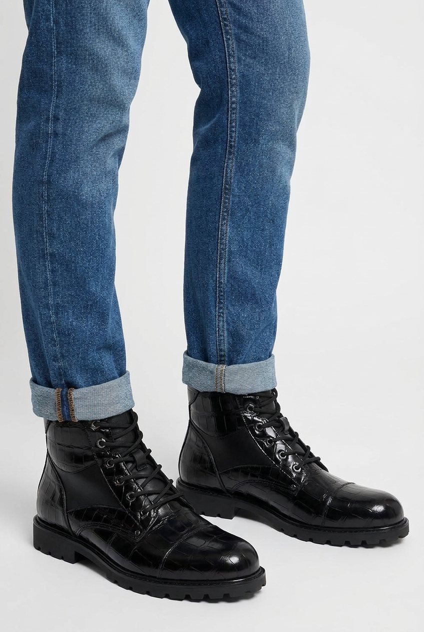 Jamison men's croc-embossed lace-up combat boots in black, side view