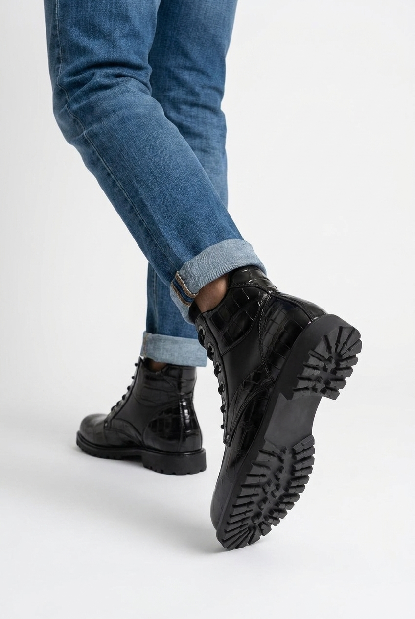 Jamison men's croc-embossed lace-up combat boots in black, back view
