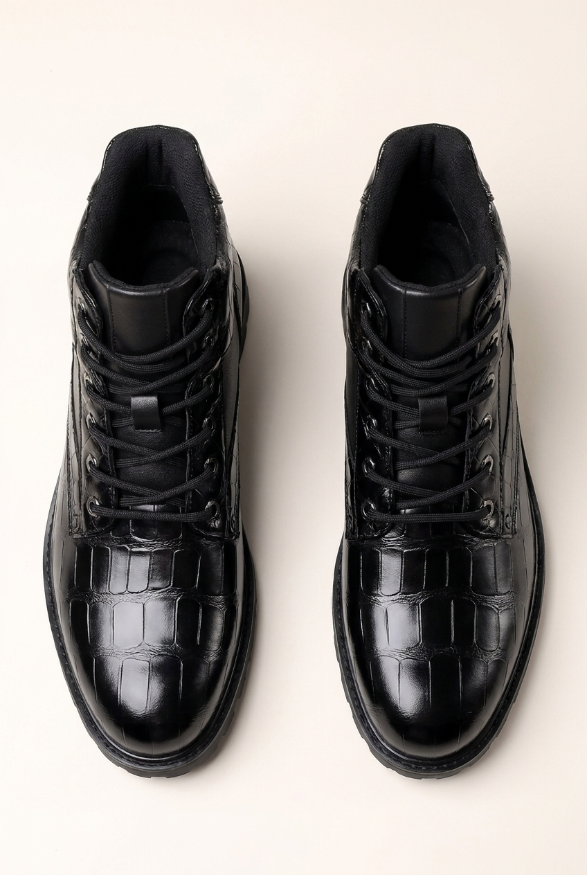 Jamison men's croc-embossed lace-up combat boots in black, front view