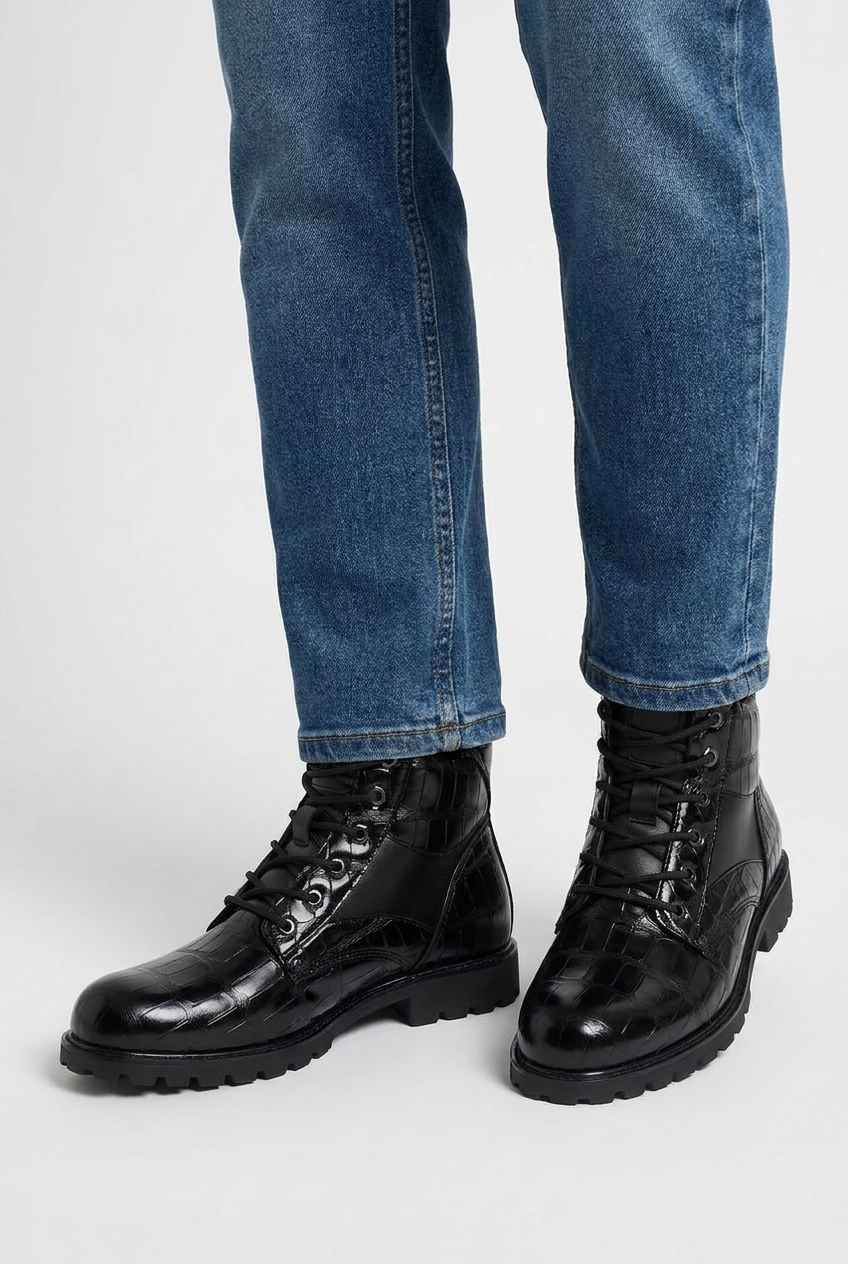 Jamison men's croc-embossed lace-up combat boots in black, closeup view