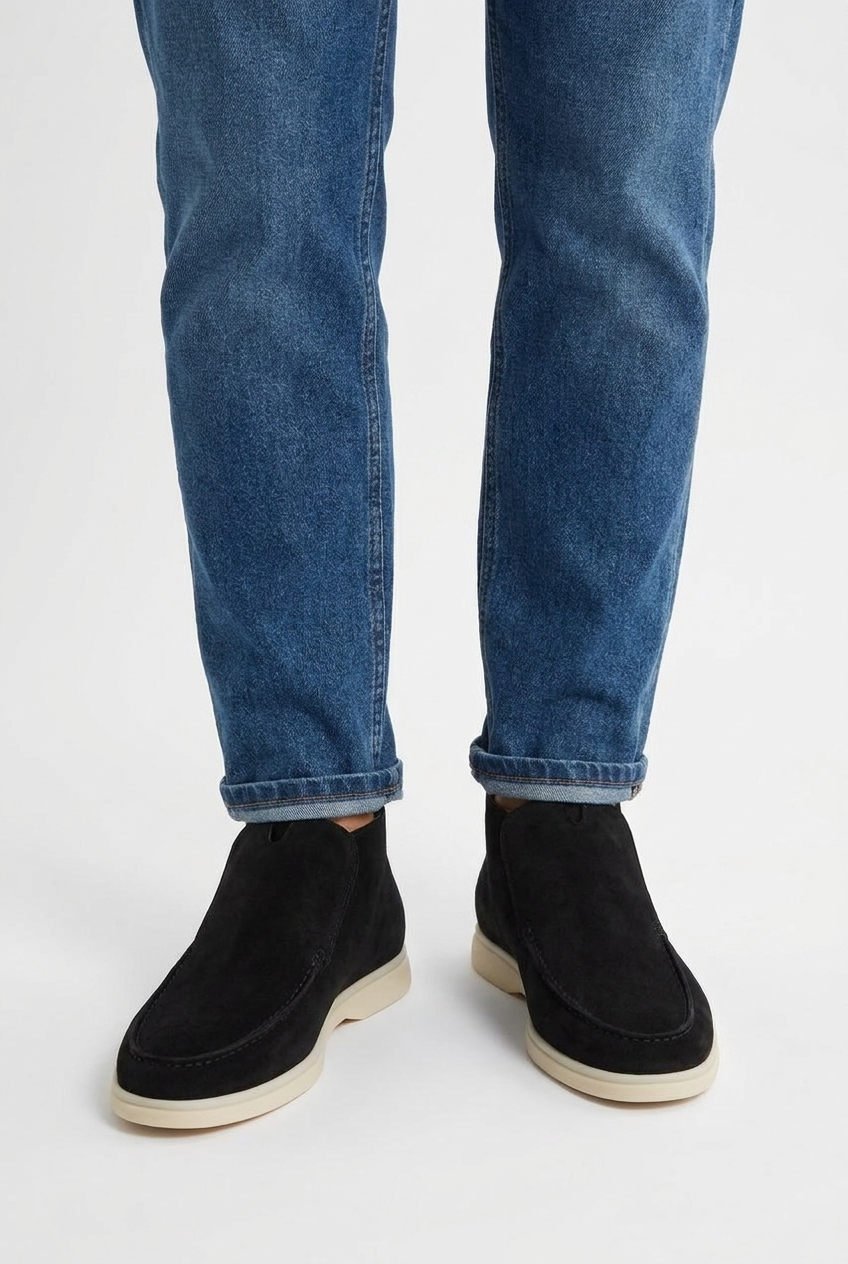 Carlton men's suede slip-on ankle boots in black, closeup view