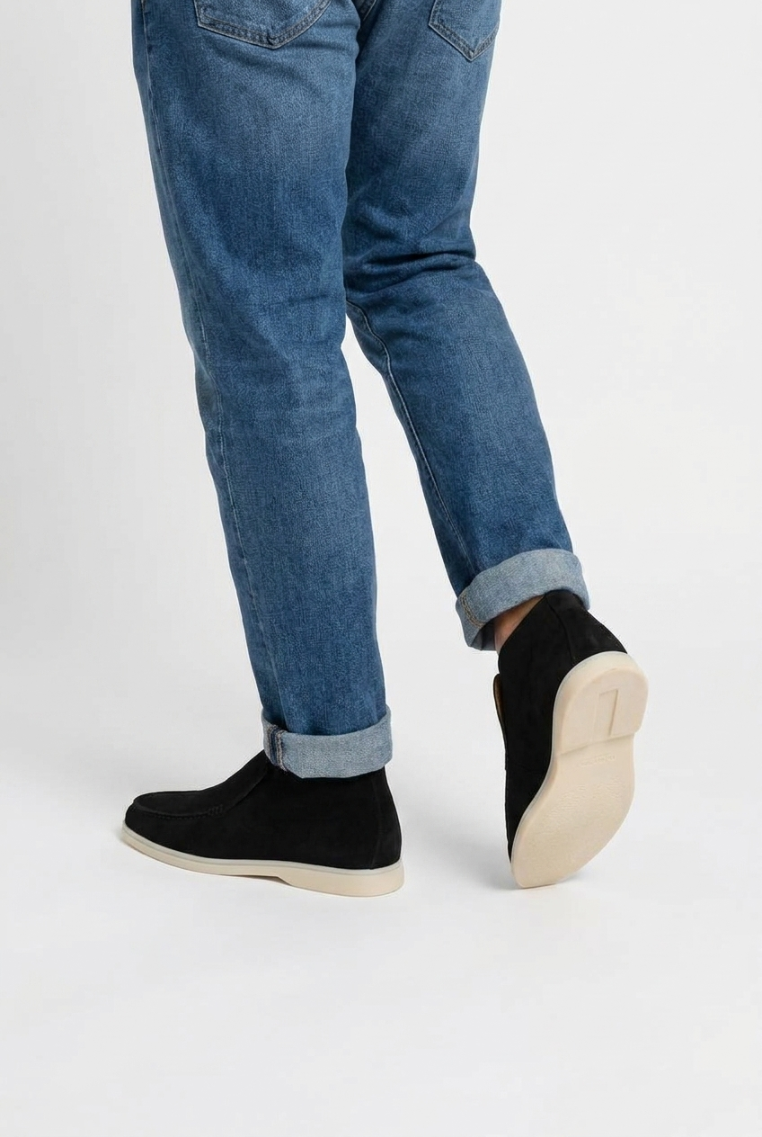 Carlton men's suede slip-on ankle boots in black, back view
