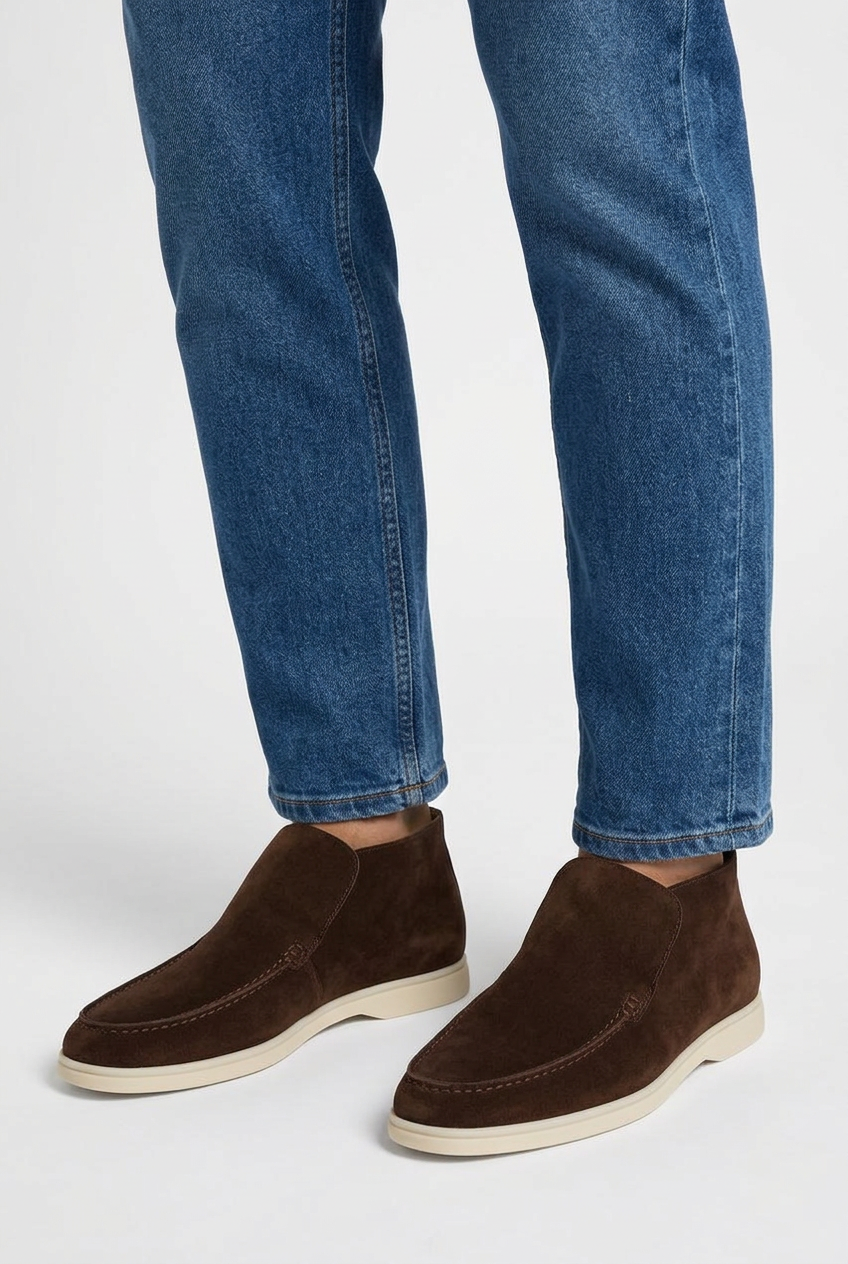 Carlton men's suede slip-on ankle boots in dark brown, closeup view