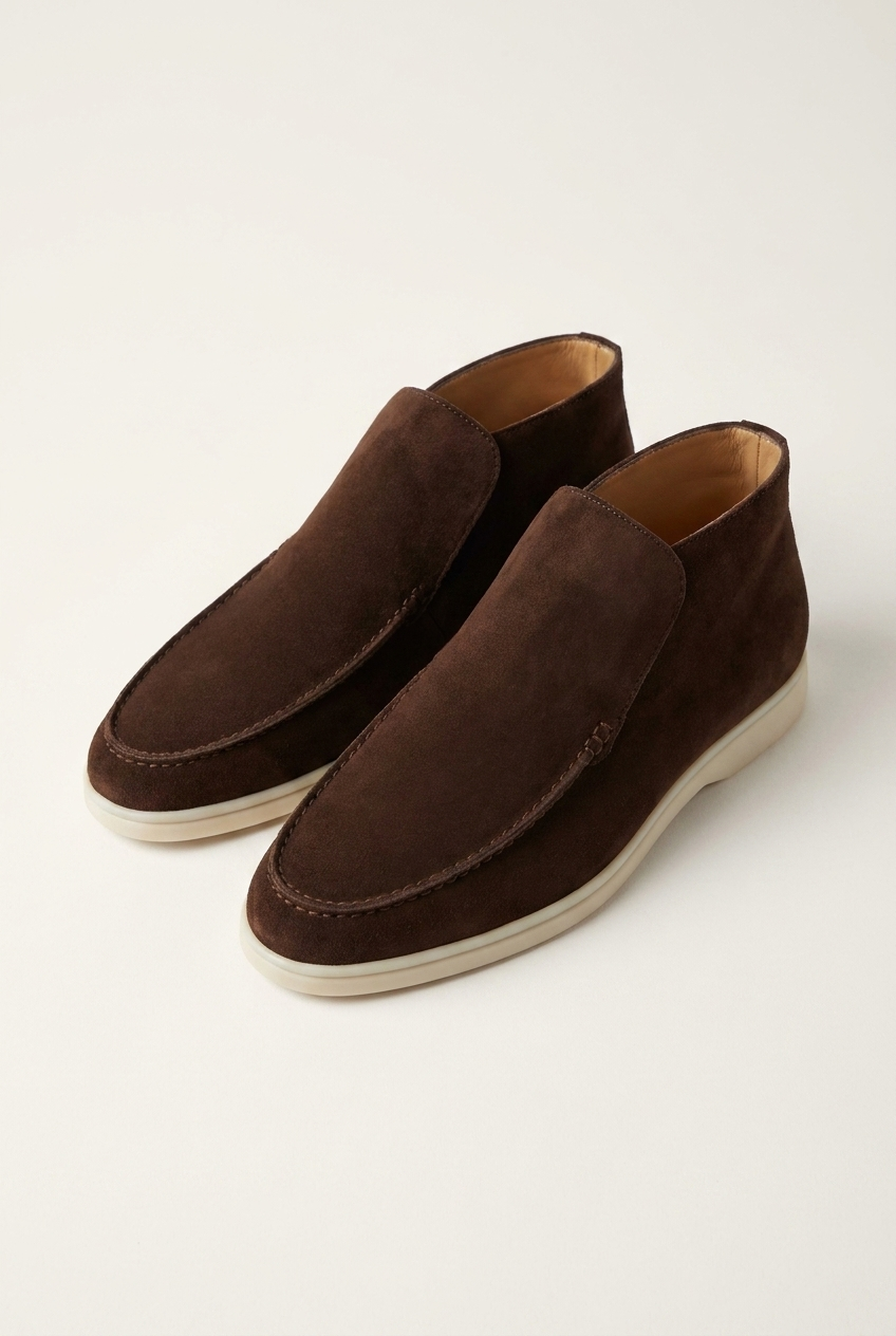 Carlton men's suede slip-on ankle boots in dark brown, front view