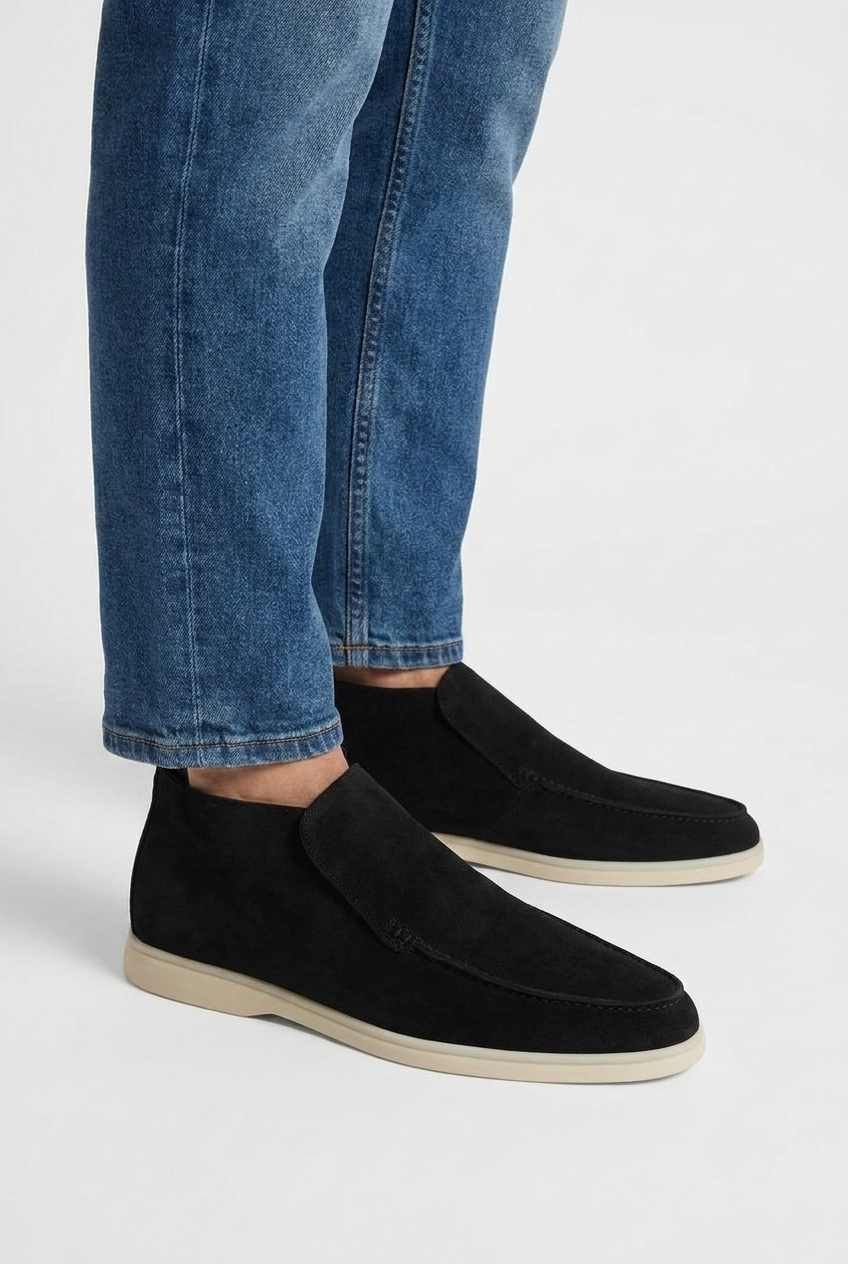 Carlton men's suede slip-on ankle boots in black, side view