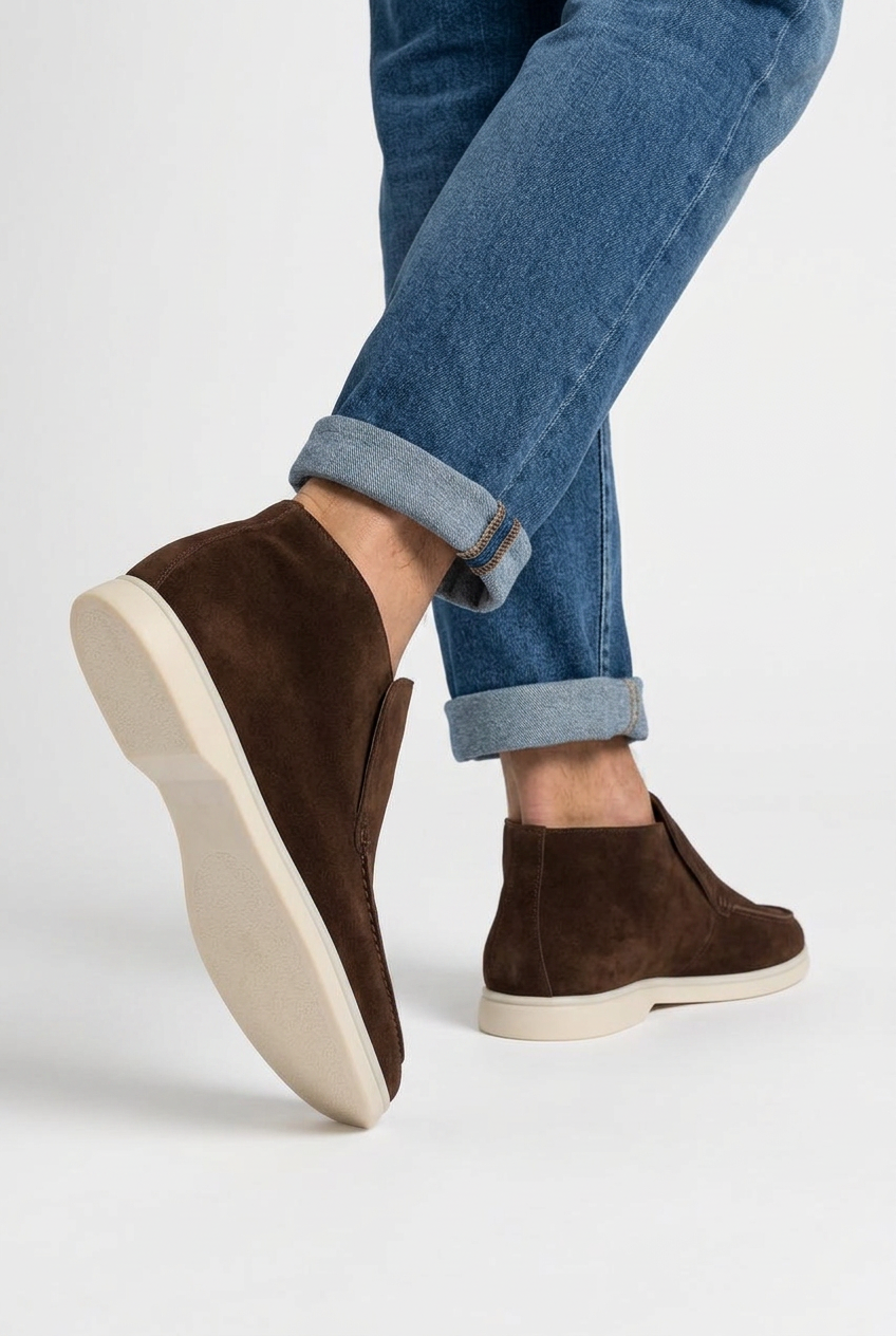 Carlton men's suede slip-on ankle boots in dark brown, back view