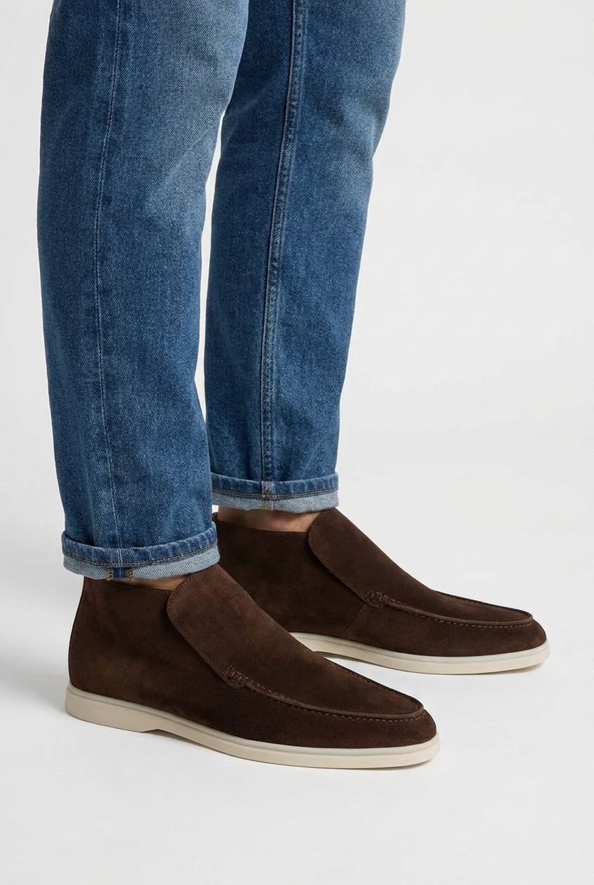 Carlton men's suede slip-on ankle boots in dark brown, side view