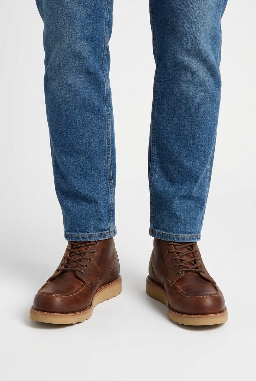 Benoit men's leather moc-toe work boots in brown, closeup view