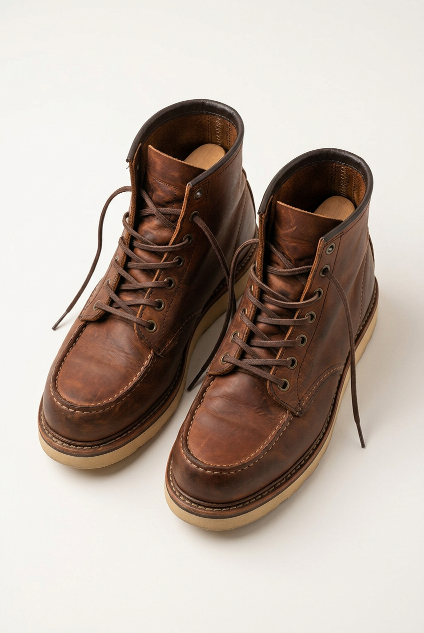 Benoit men's leather moc-toe work boots in brown, front view