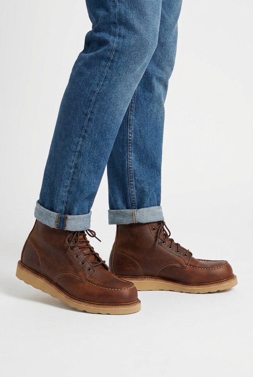 Benoit men's leather moc-toe work boots in brown, side view