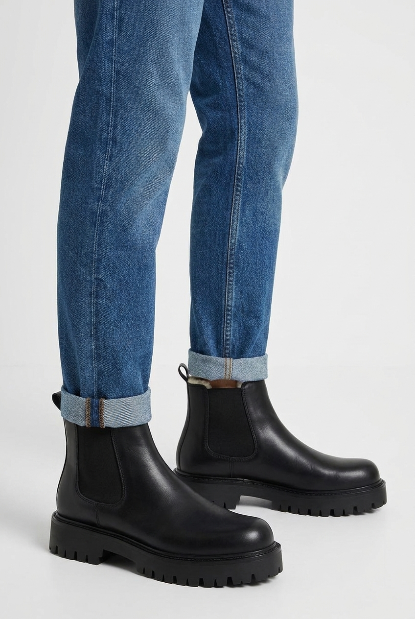 Monty men's chunky platform Chelsea boots in black, side view