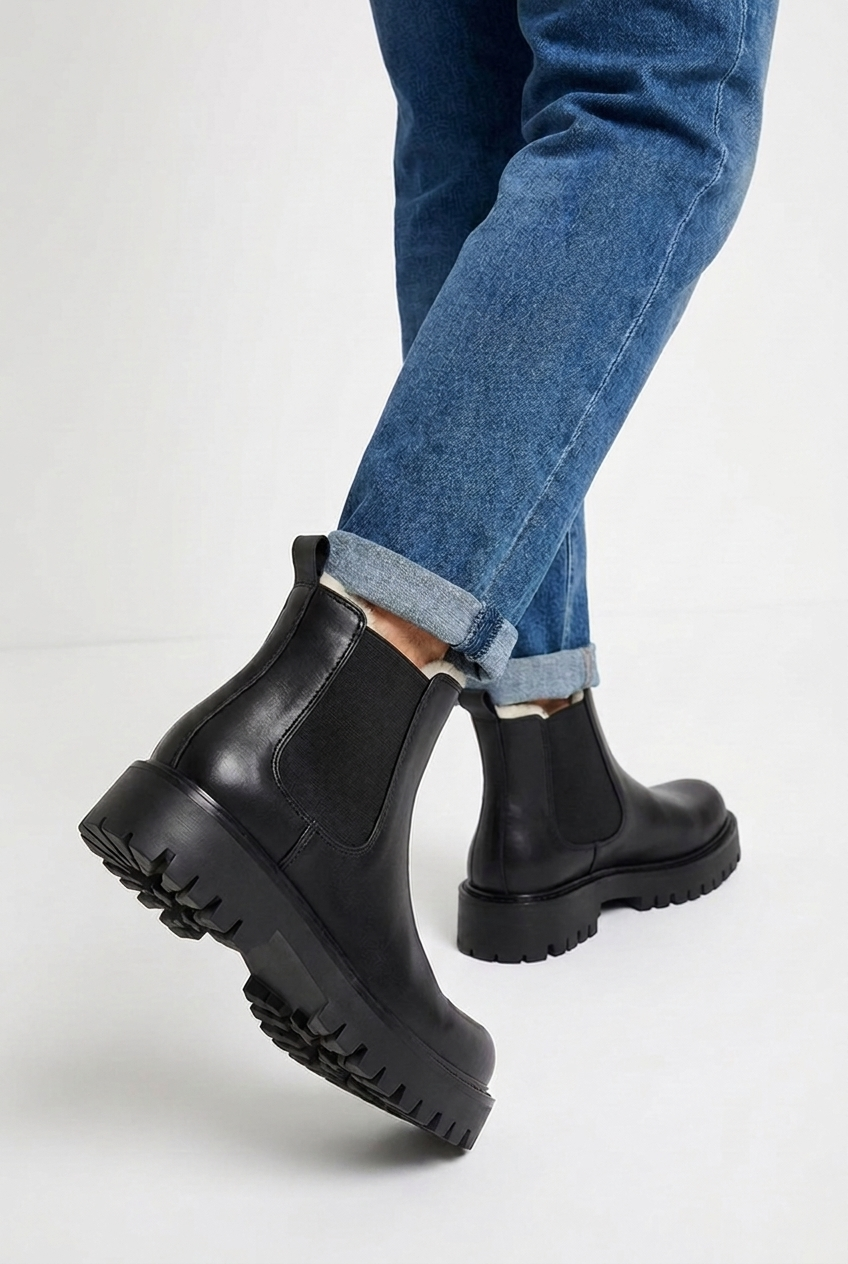 Monty men's chunky platform Chelsea boots in black, back view