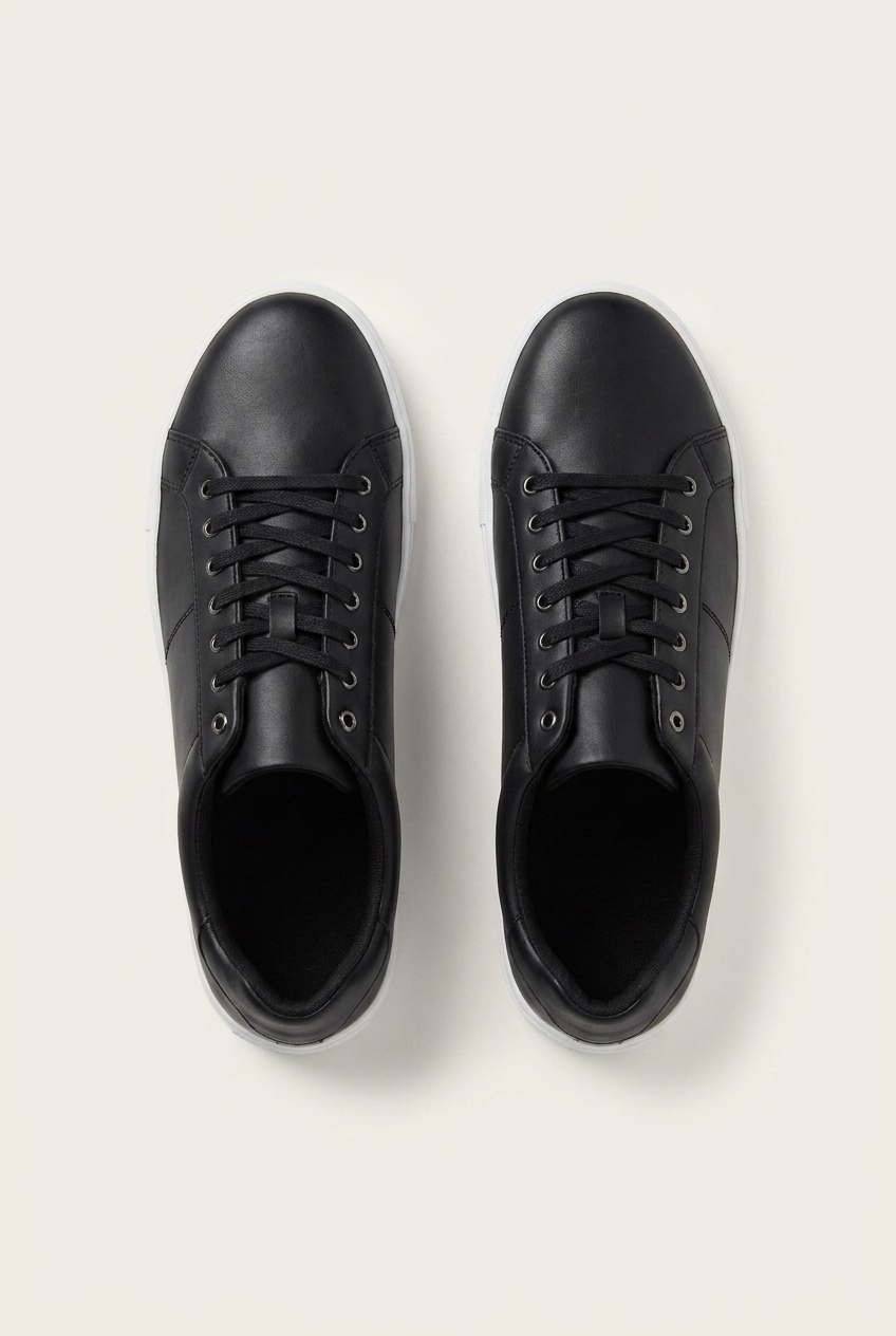 Carter men's minimalist leather-look low-top trainers in black, front view