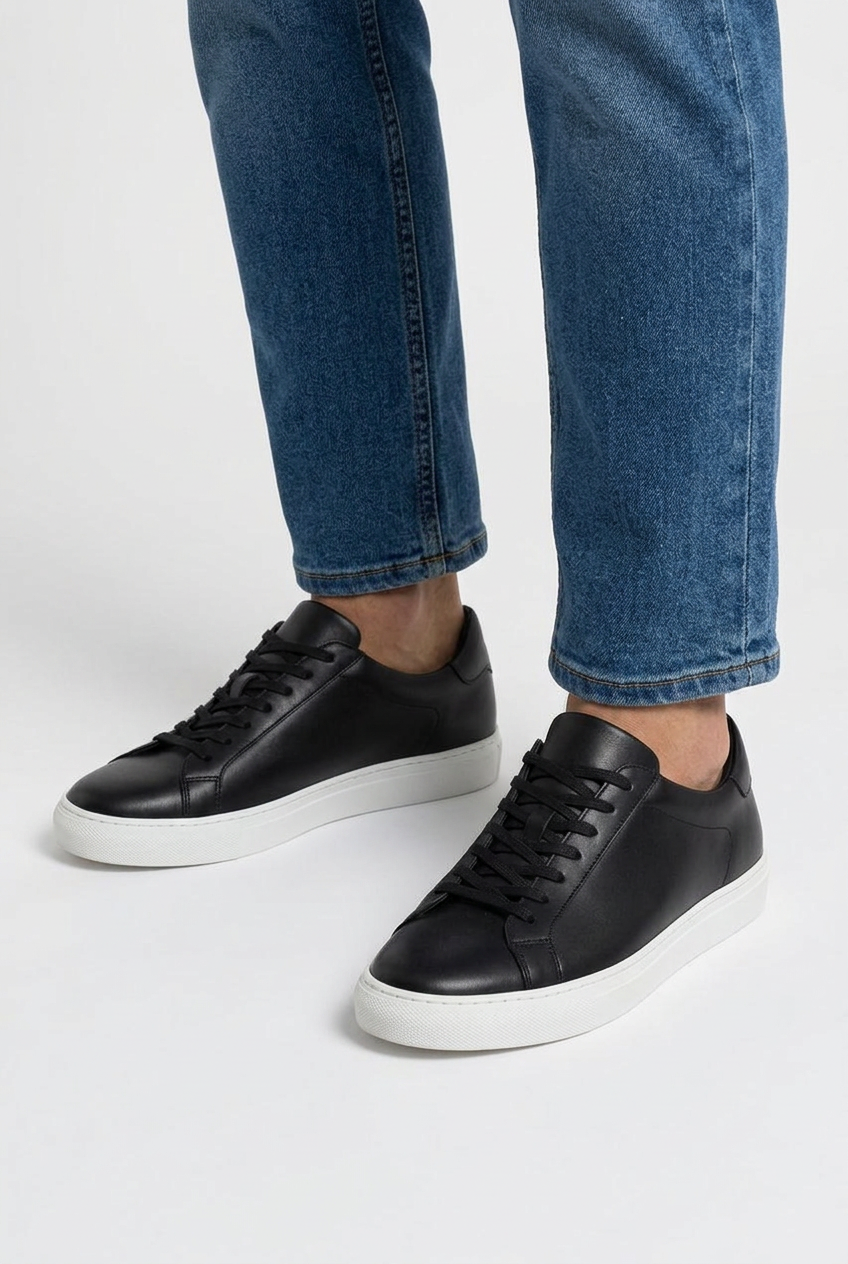 Carter men's minimalist leather-look low-top trainers in black, closeup view