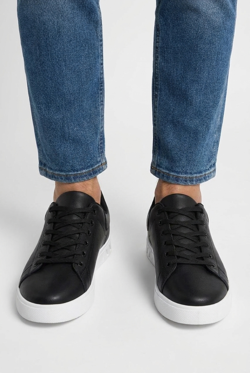 Weston men's leather-look low-top trainers in black, closeup view