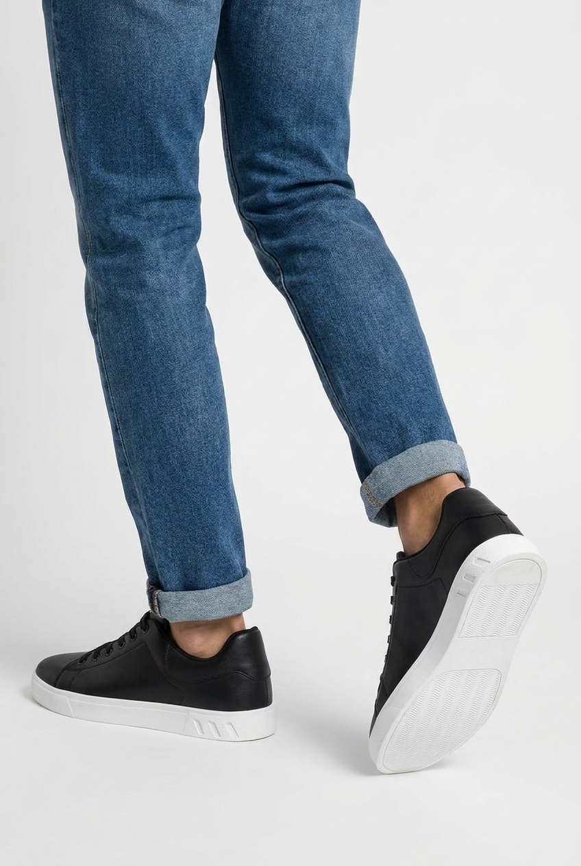 Weston men's leather-look low-top trainers in black, back view