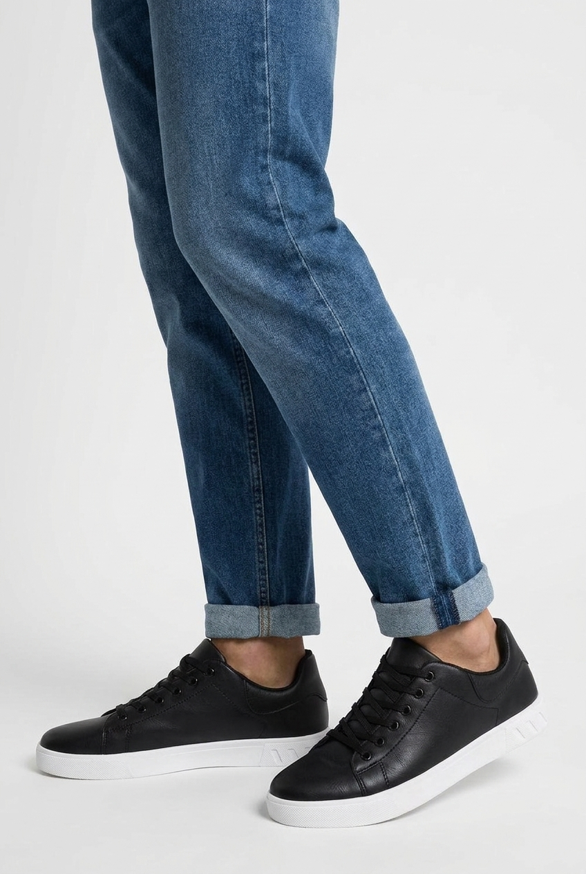 Weston men's leather-look low-top trainers in black, side view