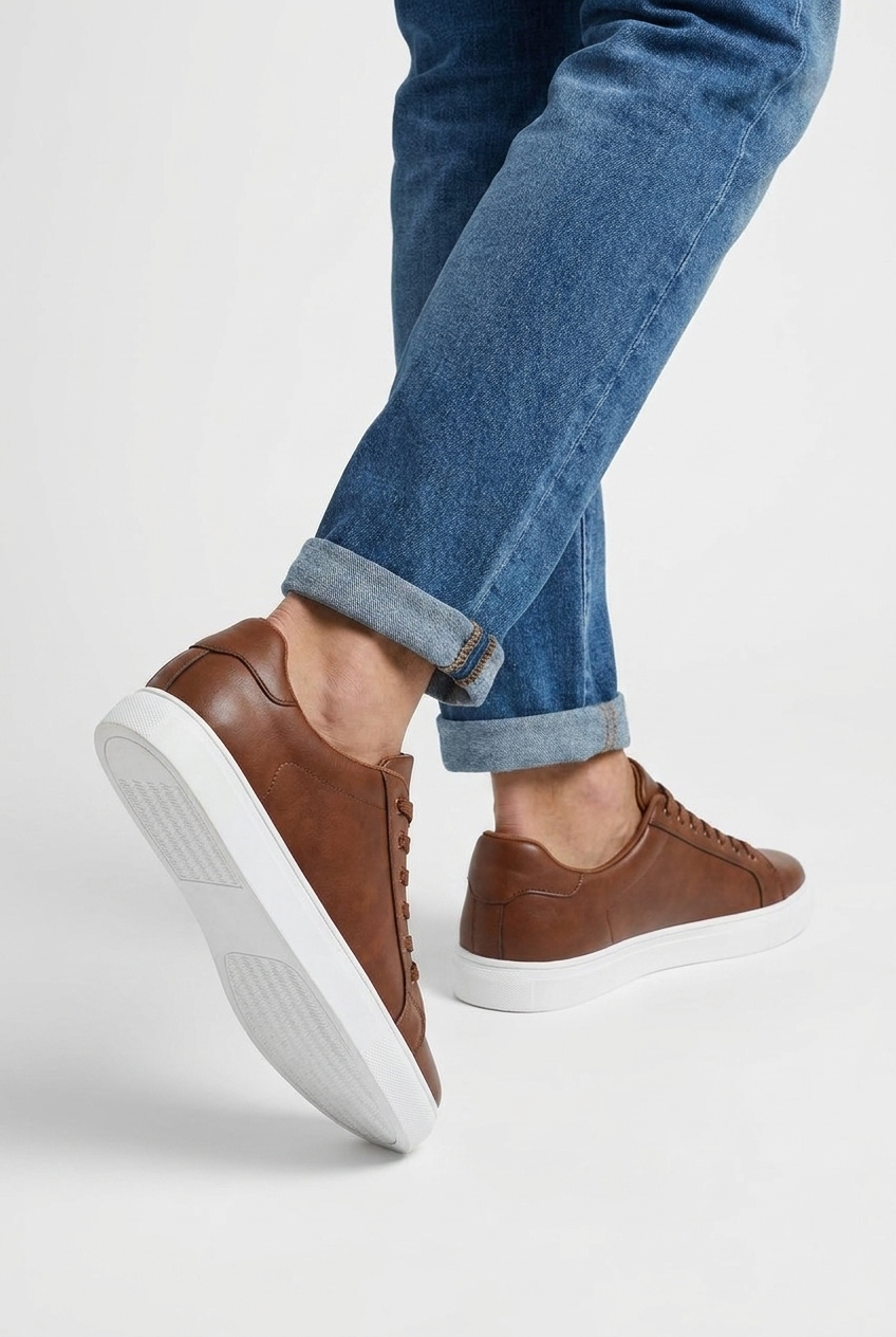 Weston men's leather-look low-top trainers in brown, back view