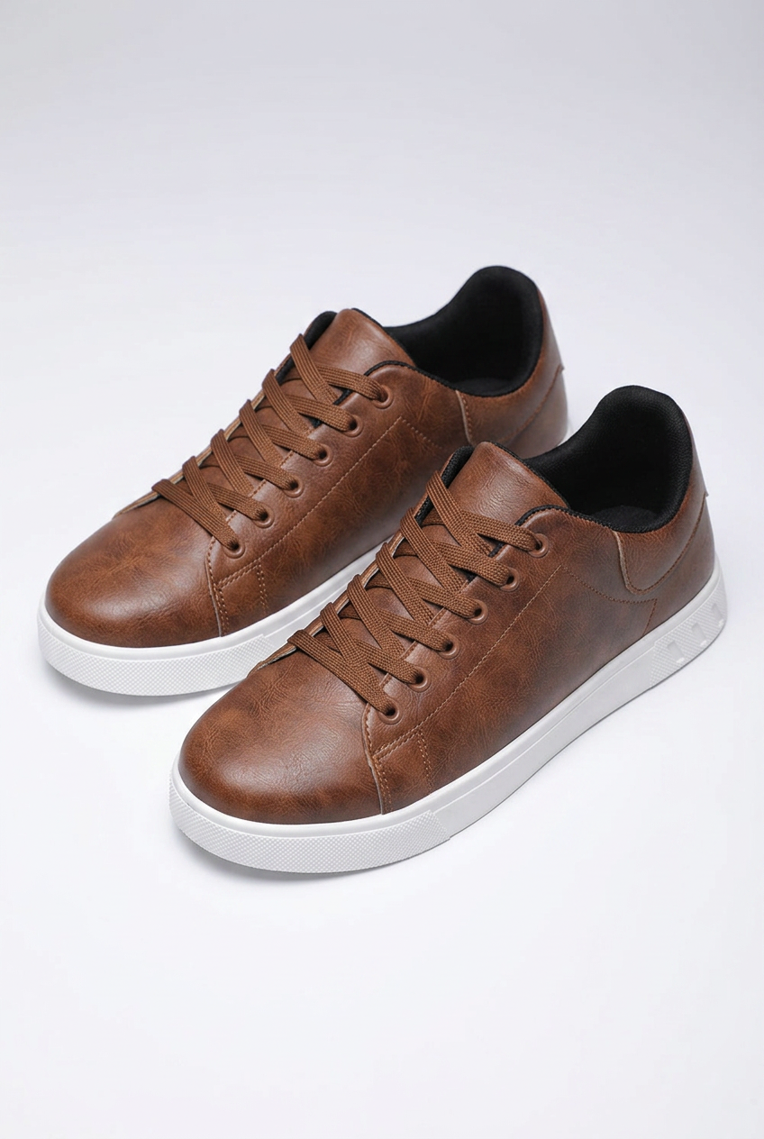 Weston men's leather-look low-top trainers in brown, front view