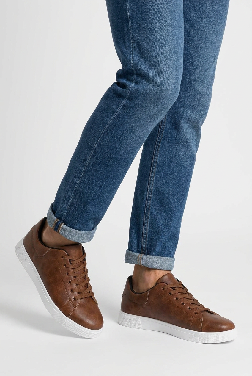 Weston men's leather-look low-top trainers in brown, closeup view