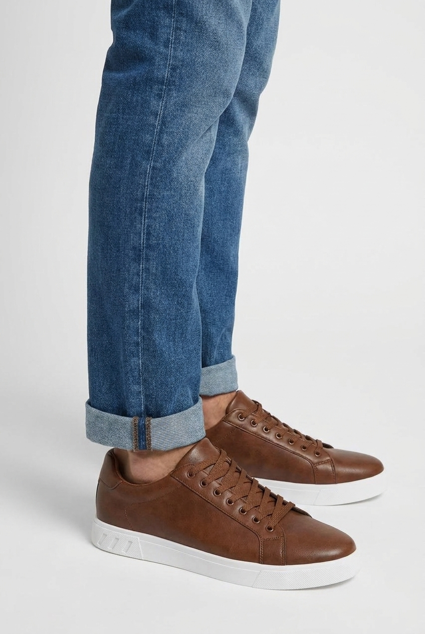 Weston men's leather-look low-top trainers in brown, side view