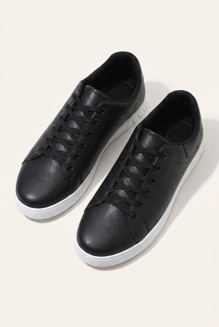 Weston men's leather-look low-top trainers in black, front view