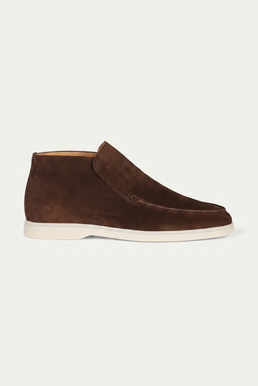 Carlton men's suede slip-on ankle boots in dark brown side profile