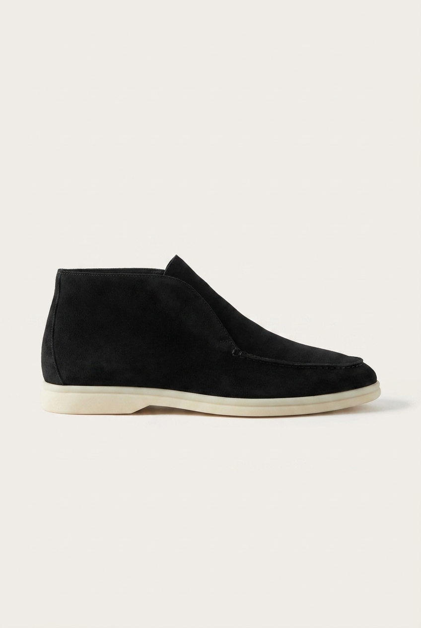 Carlton men's suede slip-on ankle boots in black side profile