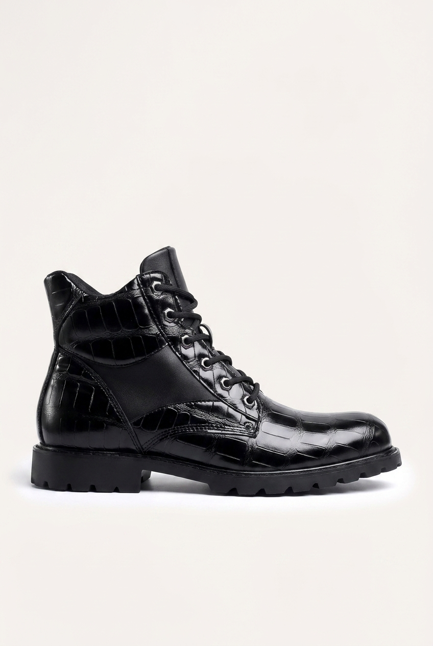 Jamison men's croc-embossed lace-up combat boots in black side profile