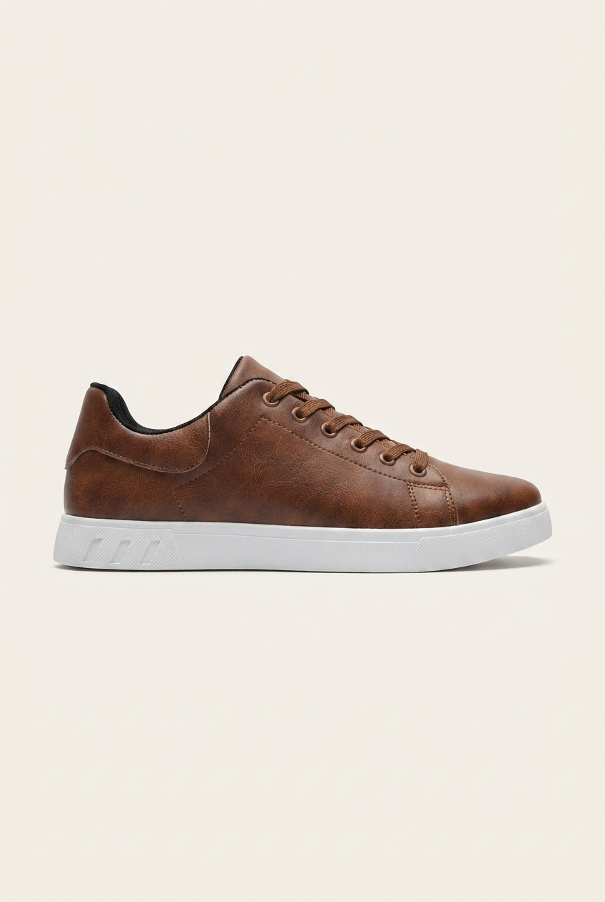 Weston men's leather-look low-top trainers in brown side profile