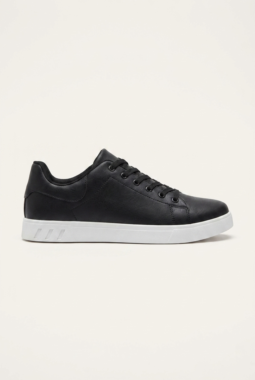 Weston men's leather-look low-top trainers in black side profile