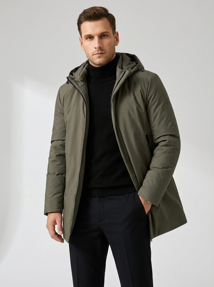 Chester Hooded Mid Length Parka in Olive Green