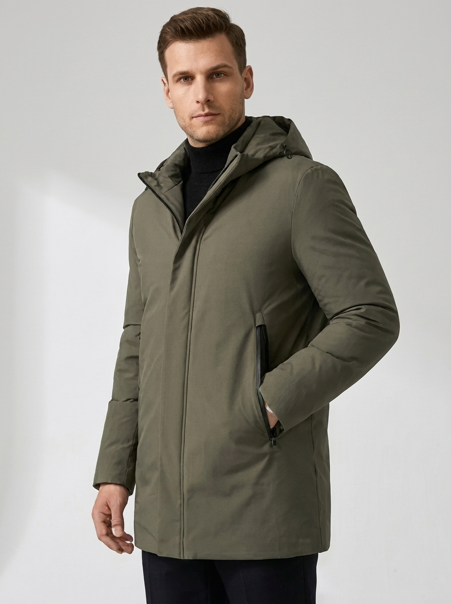 Chester Hooded Mid Length Parka in Olive Green