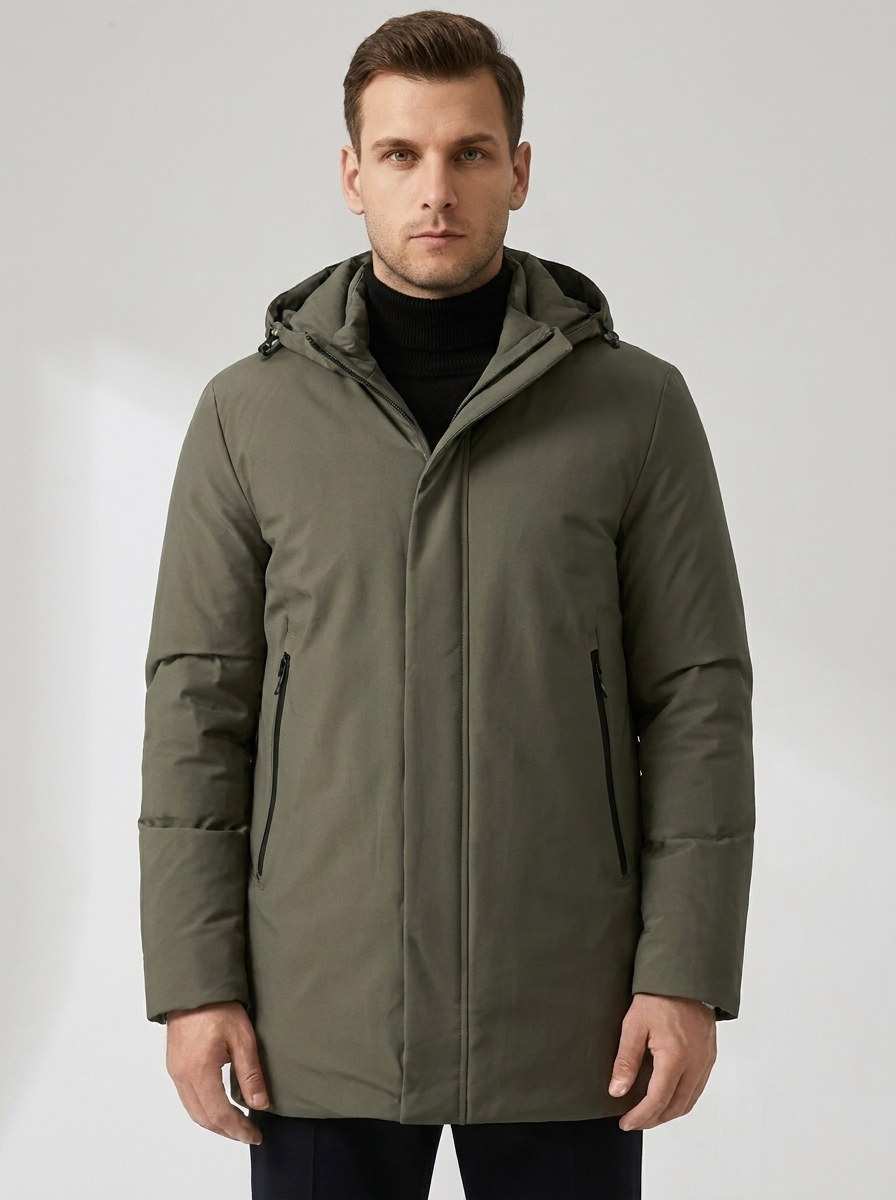 Chester Hooded Mid Length Parka in Olive Green