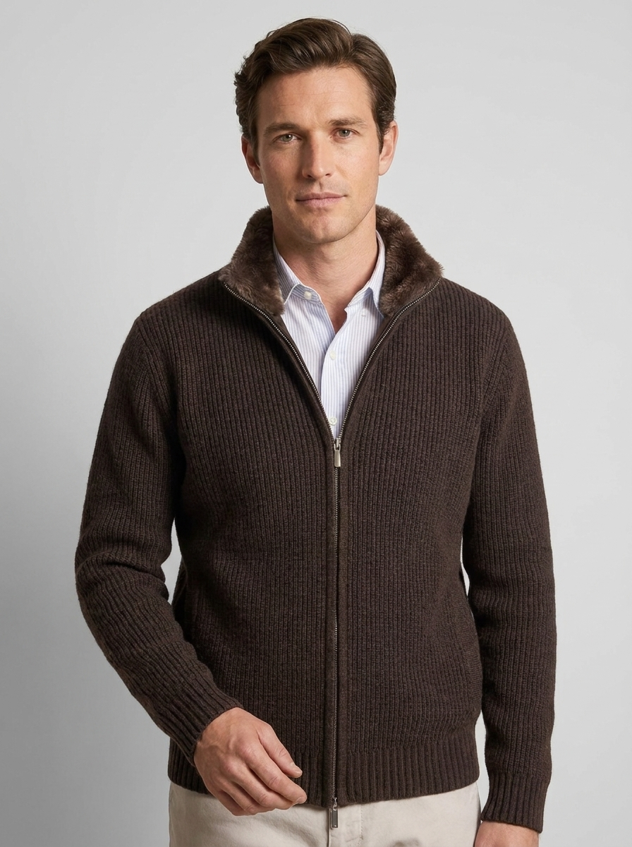Roger Ribbed Zip Cardigan Fur Collar in Brown