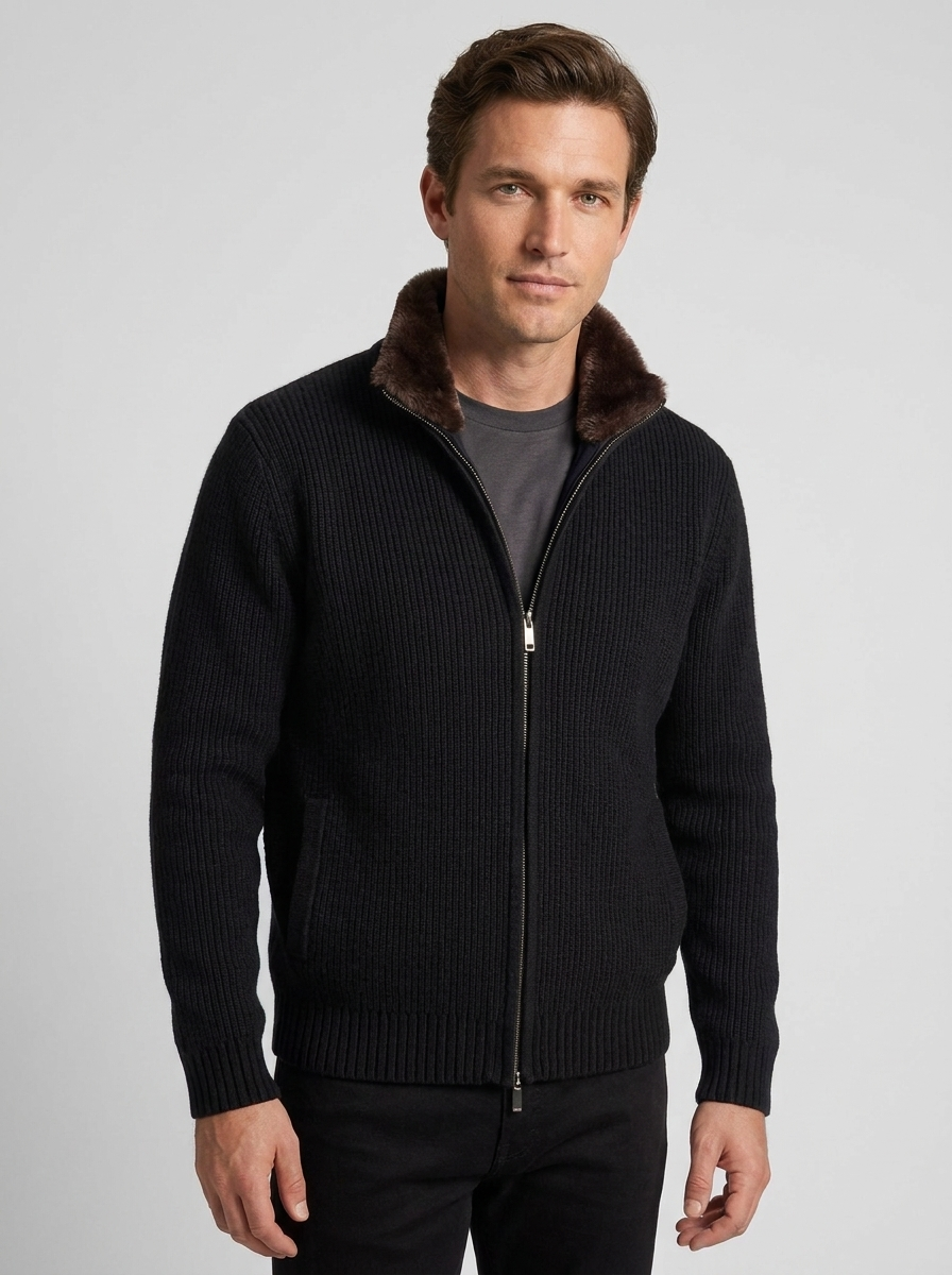 Roger Ribbed Zip Cardigan Fur Collar in Black