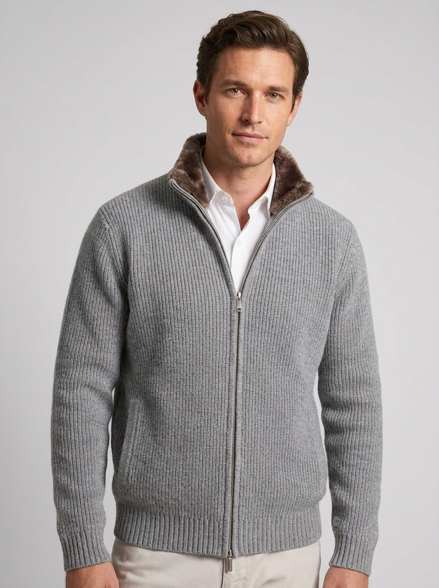 Roger Ribbed Zip Cardigan Fur Collar in Grey